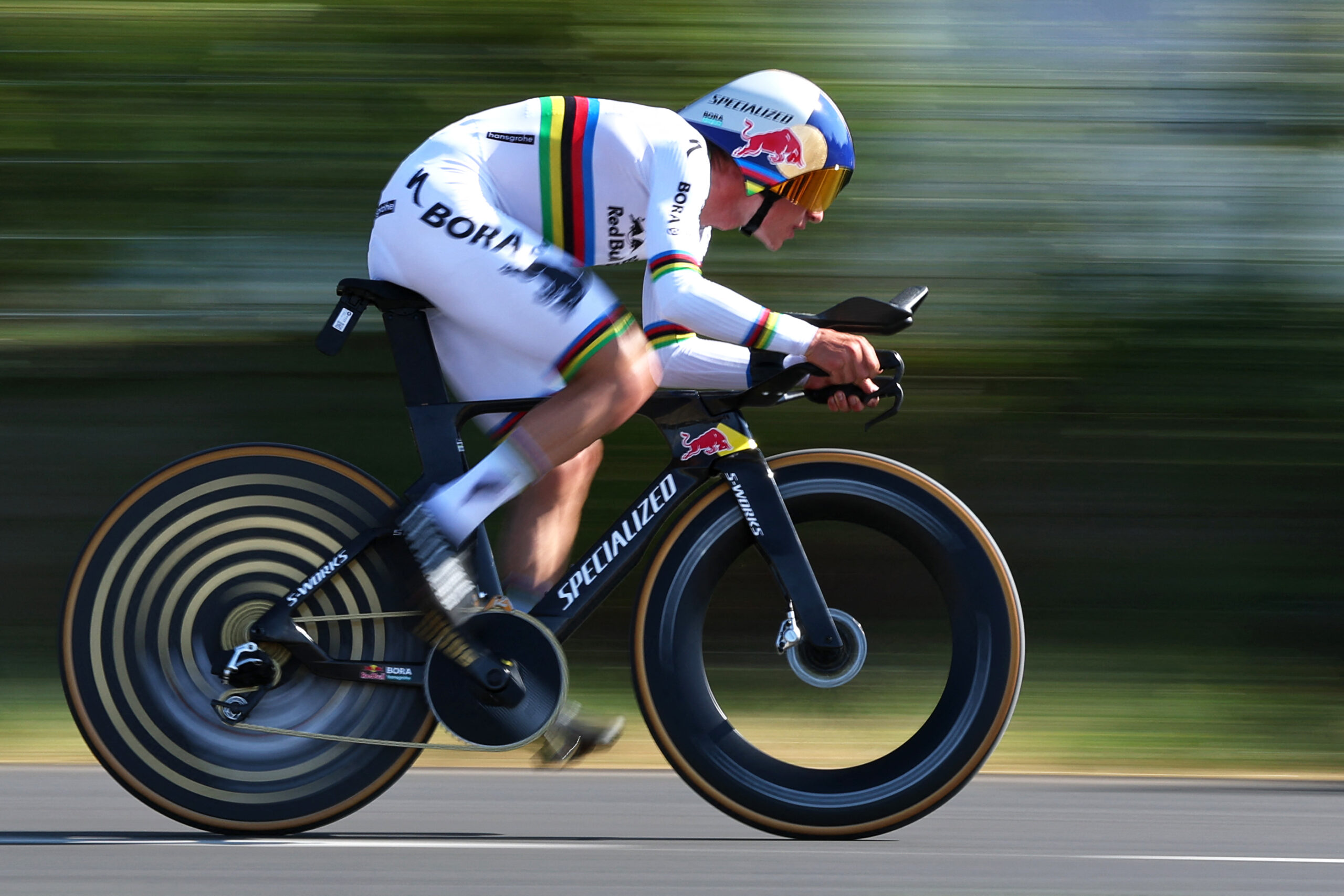 Evenepoel time trial - Red Bull - BORA - hansgrohe team's Belgian rider Remco Evenepoel cycles during the 16th stage of