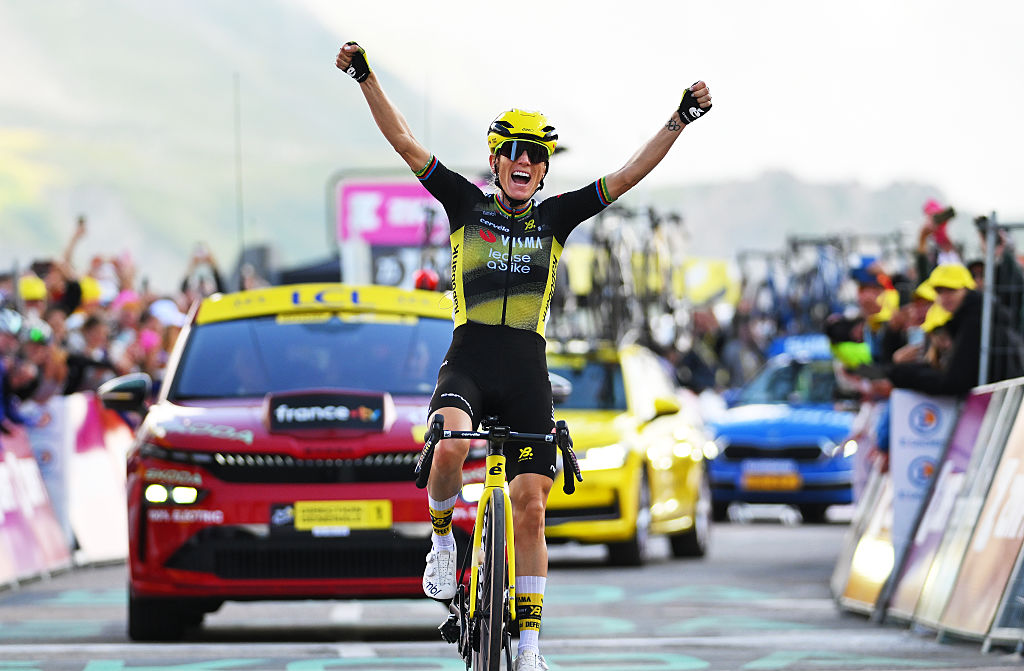 Tour de France Femmes - Pauline Ferrand-Prévot celebrates victory and her capture of the yellow jersey on the Made